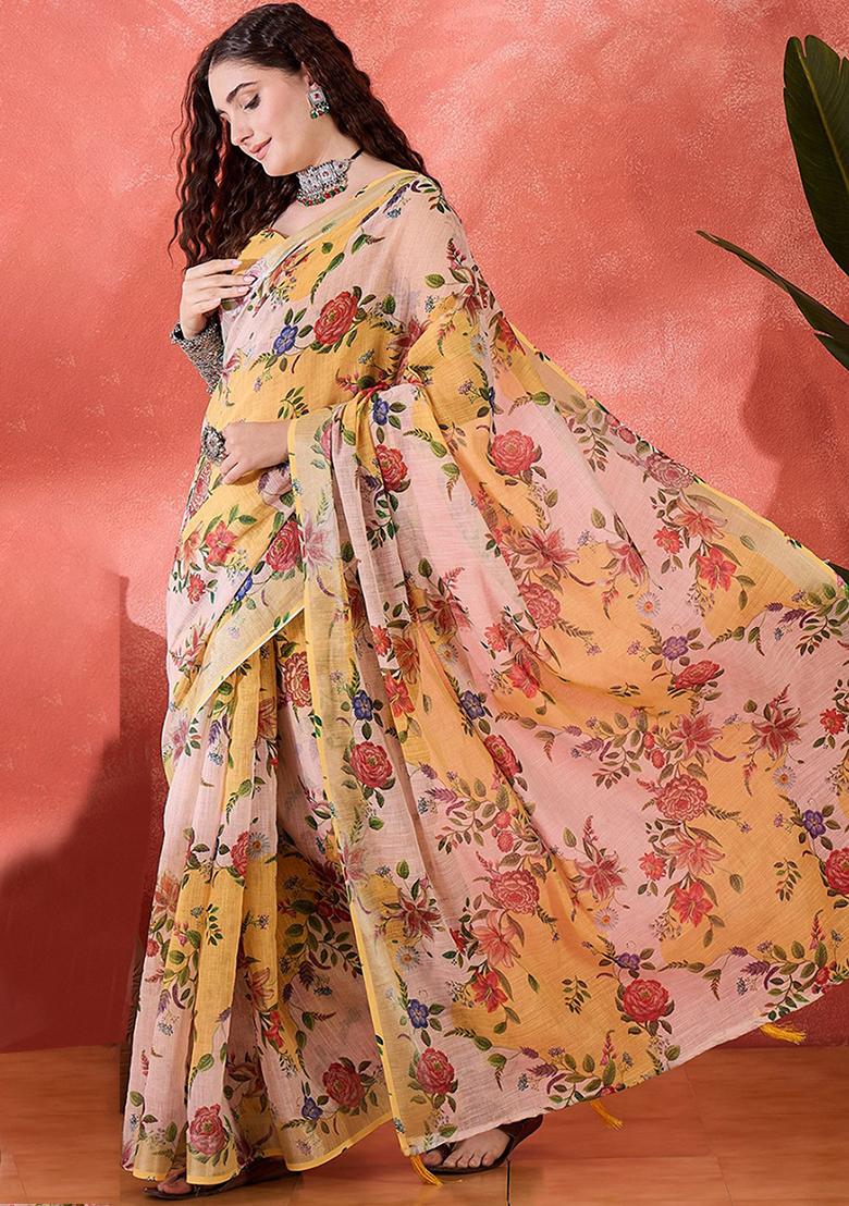 Yellow Printed Linen Saree Set - Indya