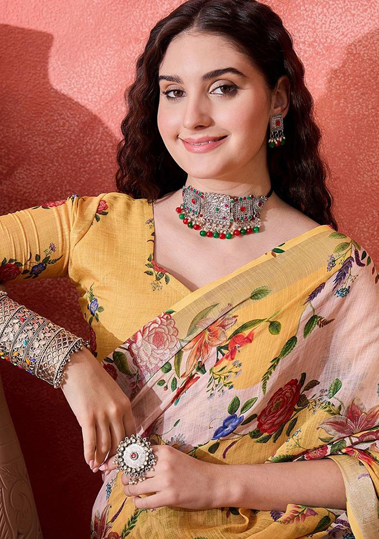 Yellow Printed Linen Saree Set - Indya
