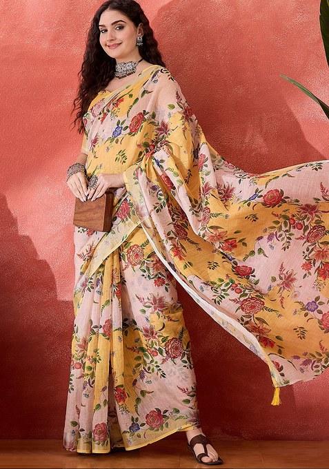 Yellow Printed Linen Saree Set