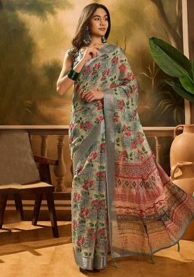 Green Printed Linen Saree Set