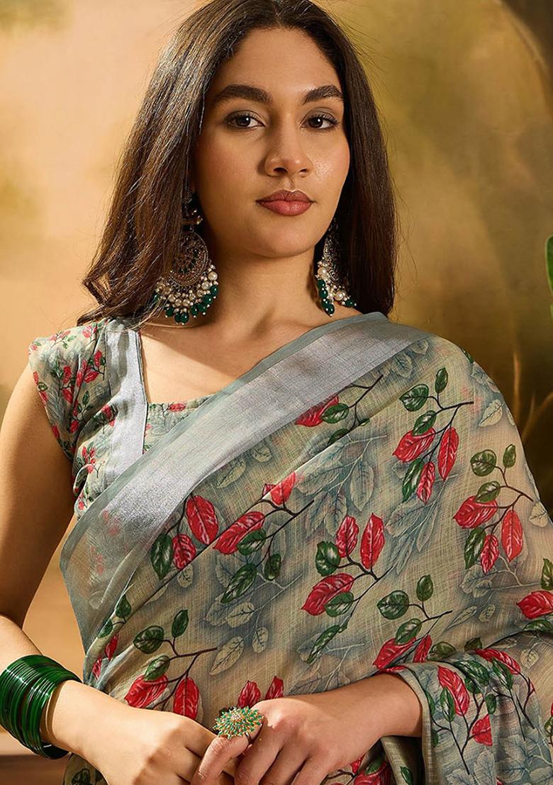 Green Printed Linen Saree Set - Indya