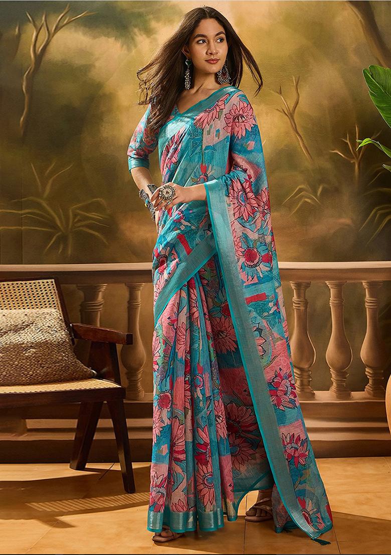 Aqua Blue Printed Linen Saree Set - Indya