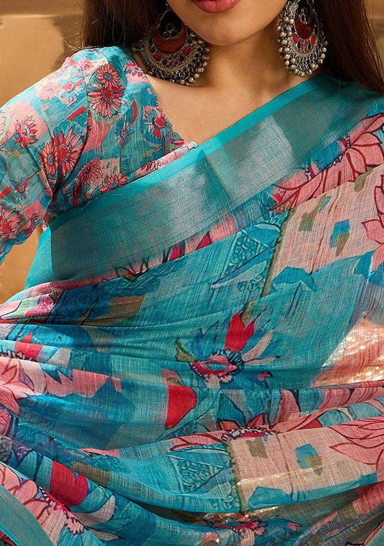 Aqua Blue Printed Linen Saree Set - Indya