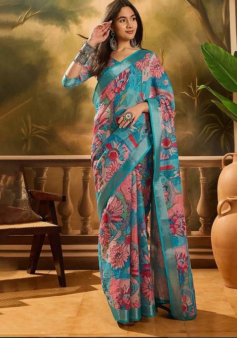 Aqua Blue Printed Linen Saree Set