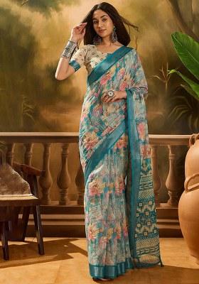 Rama Blue Printed Linen Saree Set