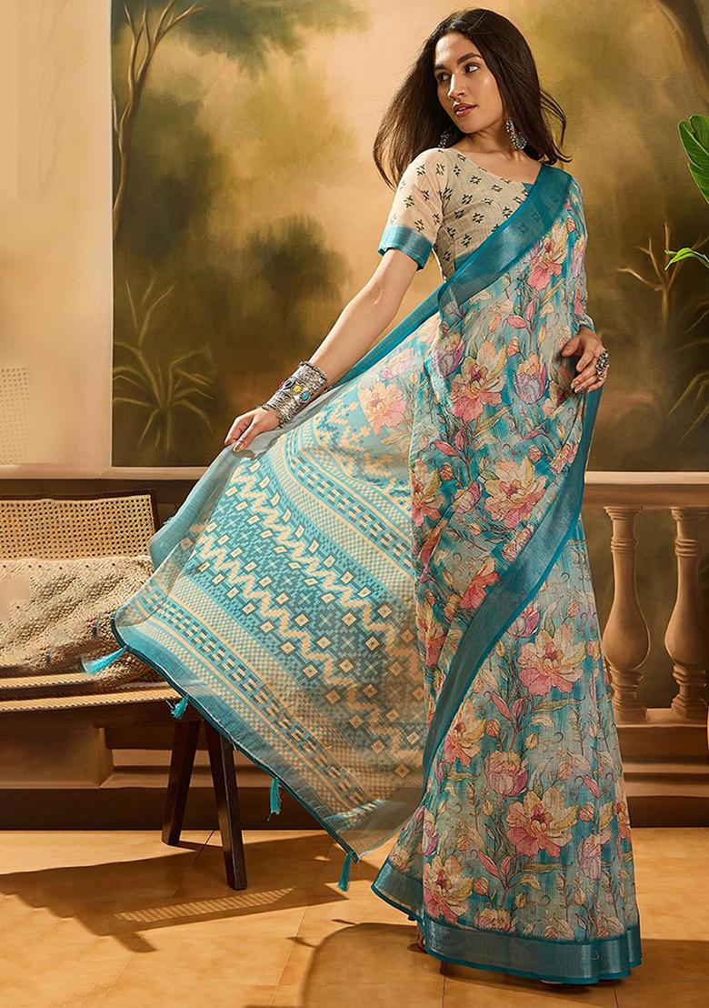 Rama Blue Printed Linen Saree Set - Indya