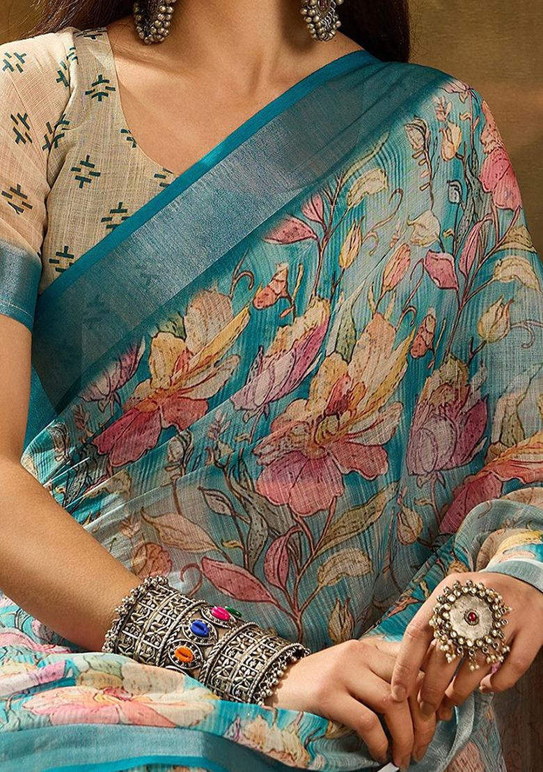 Rama Blue Printed Linen Saree Set - Indya