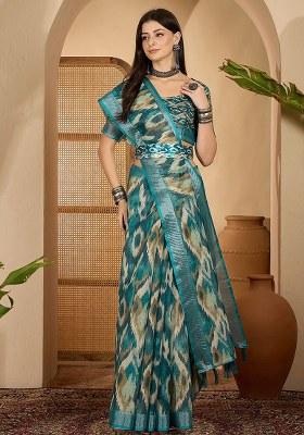 Rama Blue Printed Linen Saree Set
