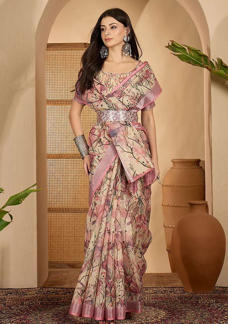 Pink Cream Linen Saree Set with Printed for Diwali | Wedding & Festive Wear - Indya