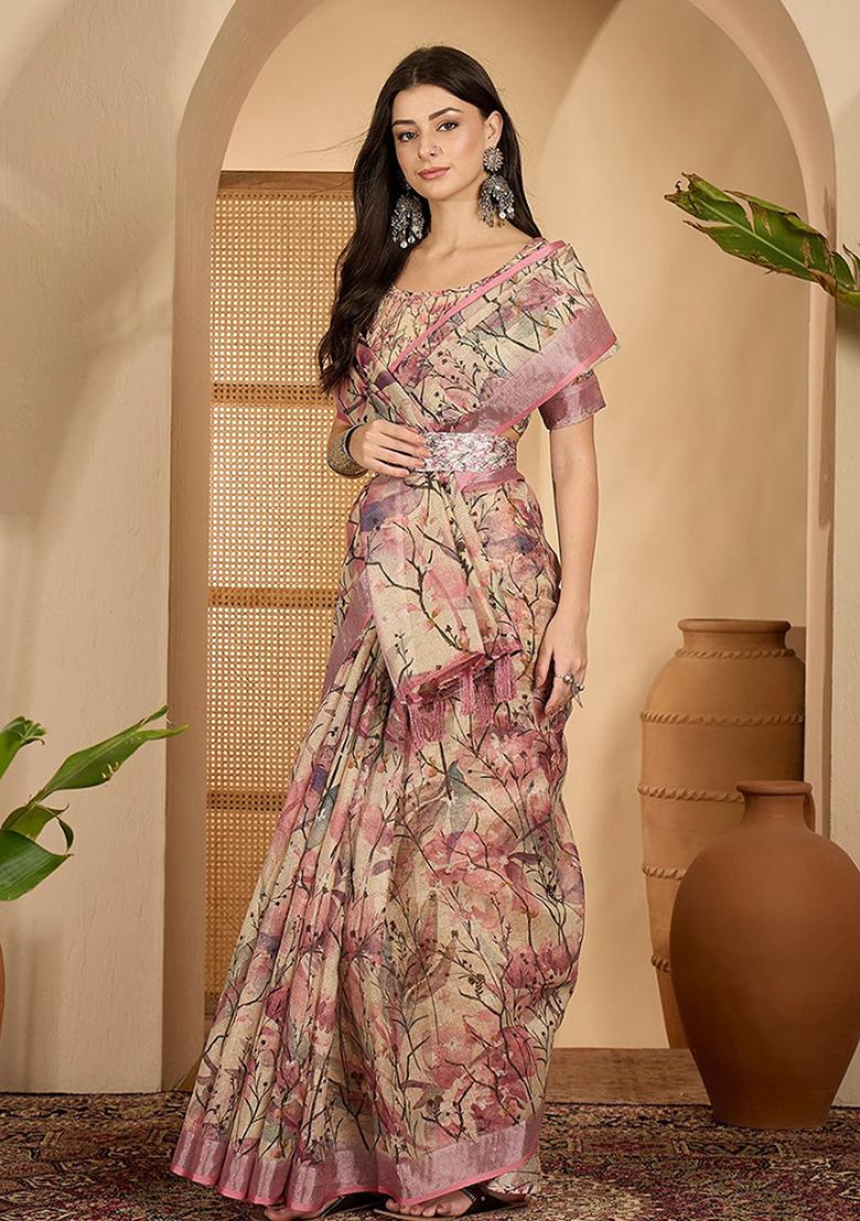 Pink Cream Printed Linen Saree Set - Indya