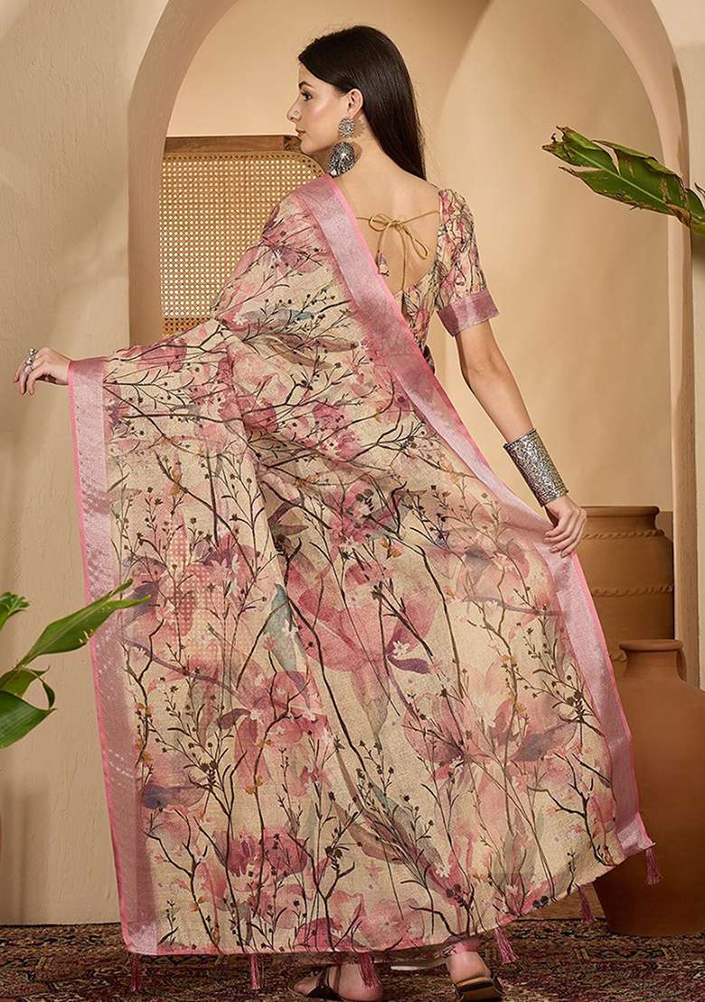 Pink Cream Linen Saree Set with Printed for Diwali | Wedding & Festive Wear - Indya