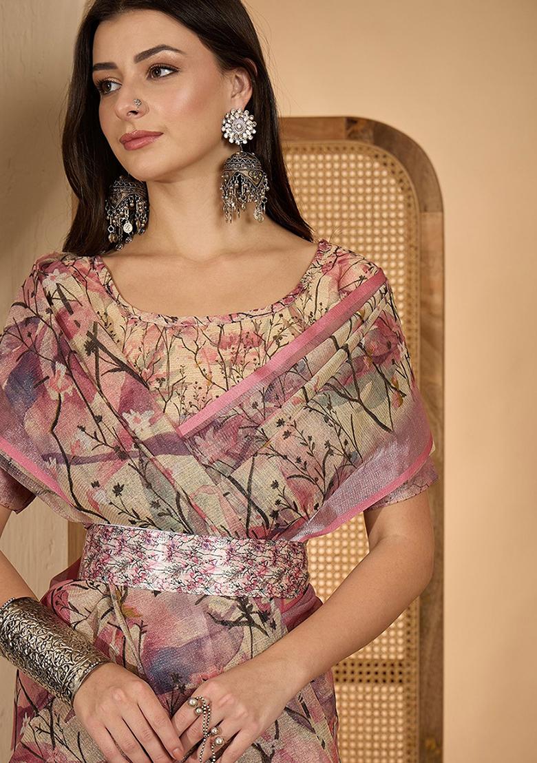 Pink Cream Printed Linen Saree Set - Indya