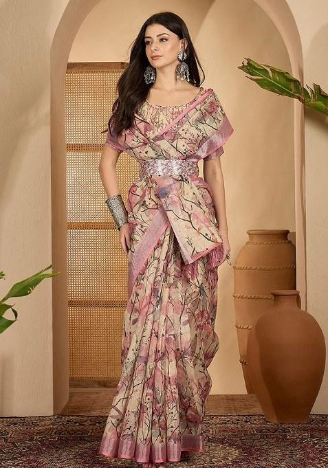 Pink Cream Printed Linen Saree Set