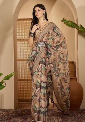 Brown Printed Linen Saree Set
