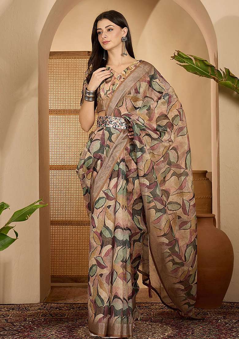 Brown Linen Saree Set with Printed for Diwali | Wedding & Festive Wear - Indya