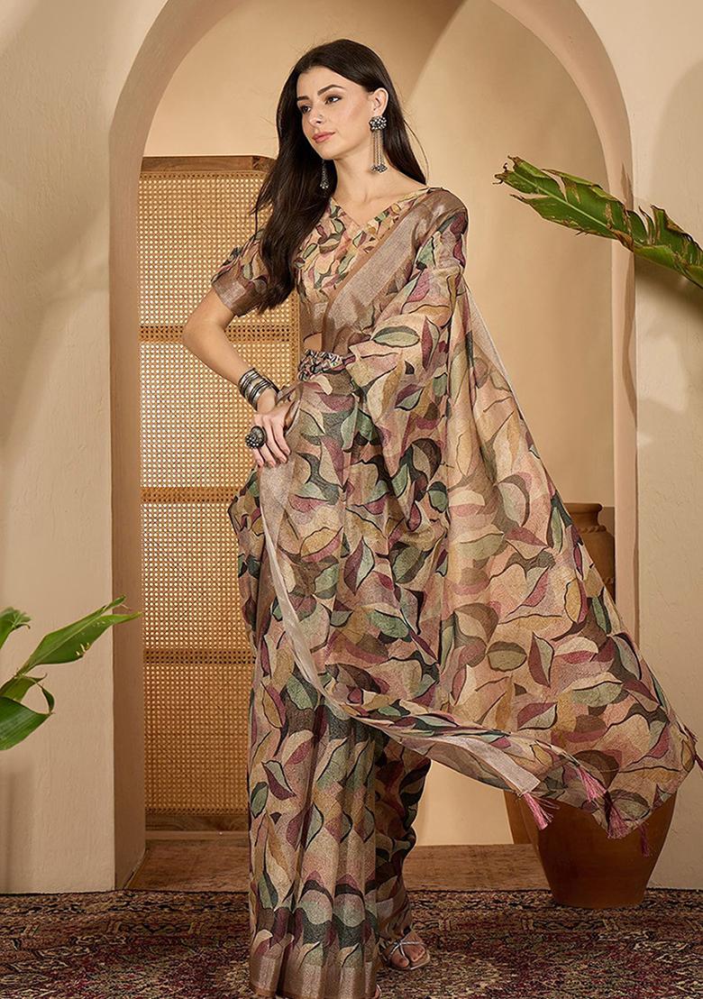 Brown Printed Linen Saree Set - Indya