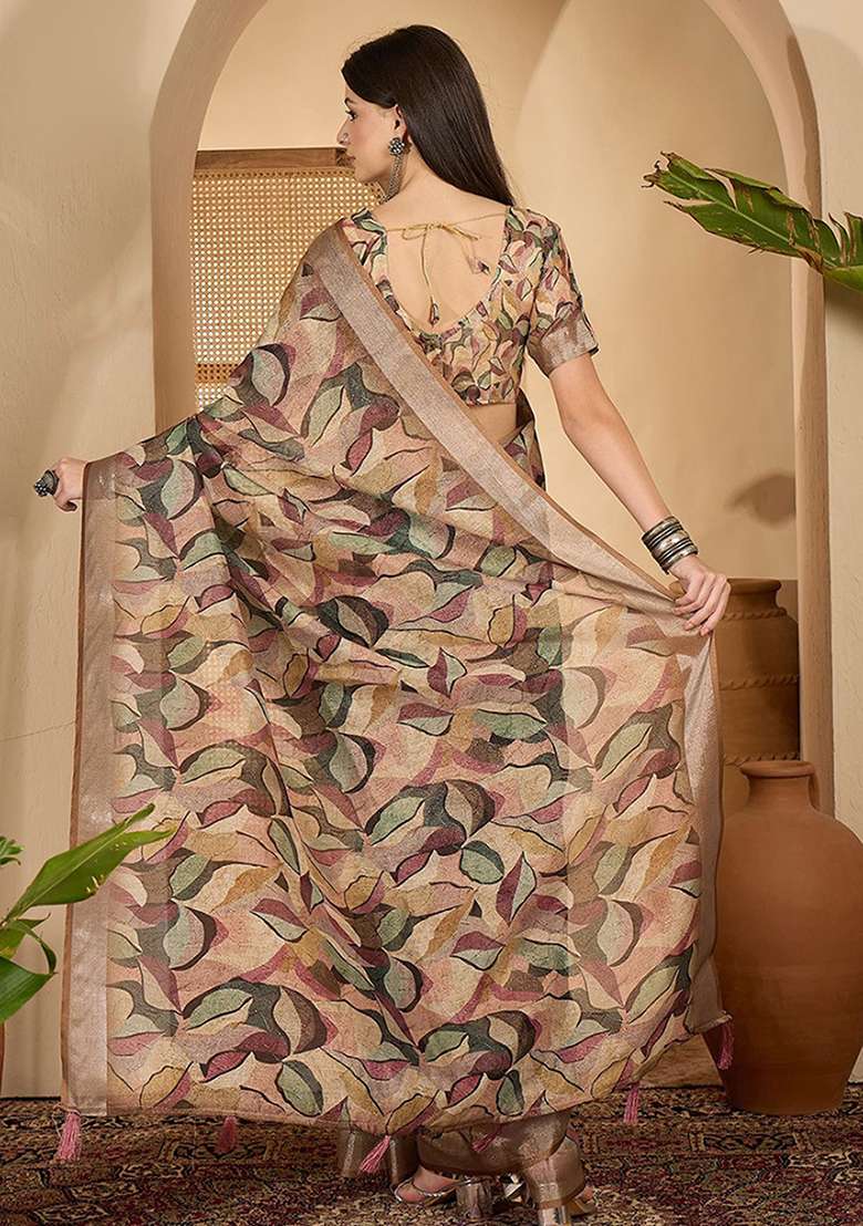 Brown Linen Saree Set with Printed for Diwali | Wedding & Festive Wear - Indya