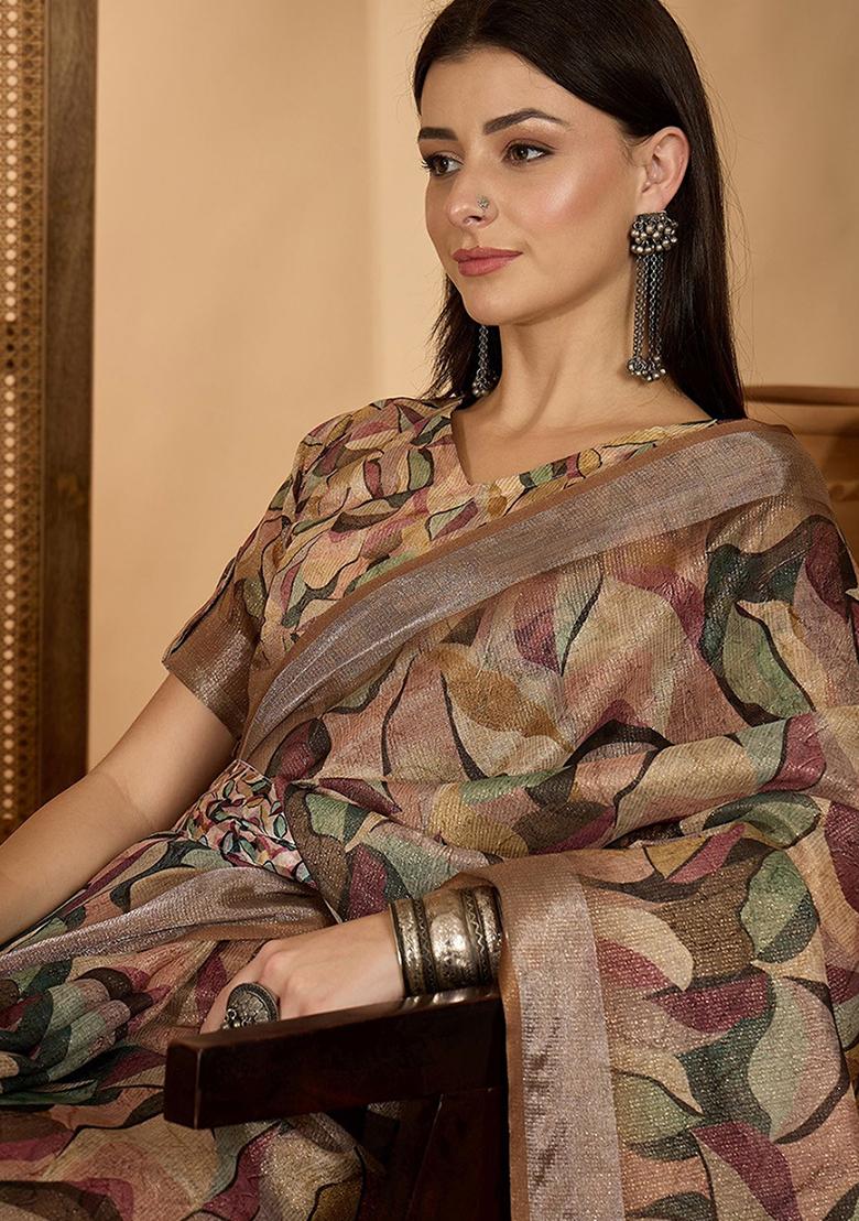 Brown Printed Linen Saree Set - Indya