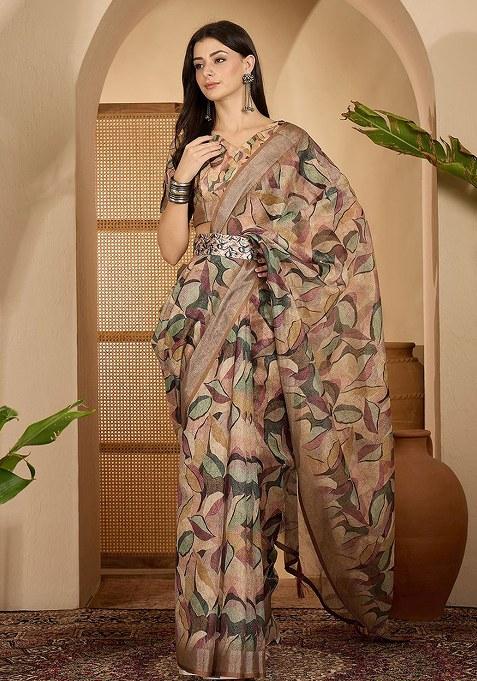 Brown Printed Linen Saree Set