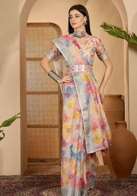 White Printed Linen Saree Set