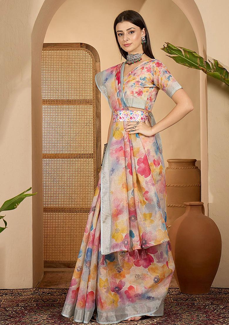 White Printed Linen Saree Set - Indya