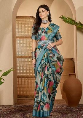 Sea Green Printed Linen Saree Set