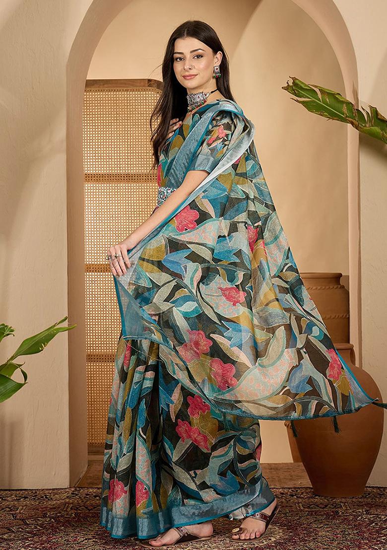 Sea Green Printed Linen Saree Set - Indya