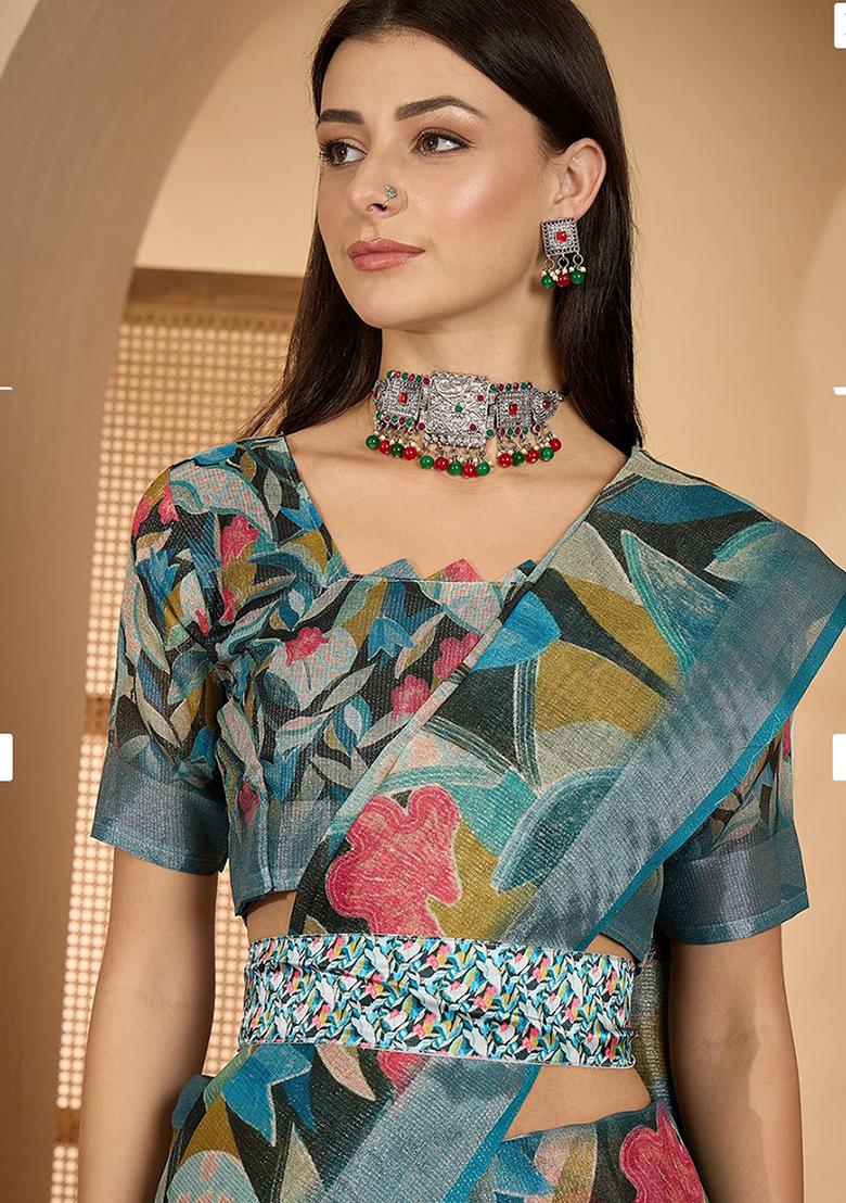 Sea Green Printed Linen Saree Set - Indya