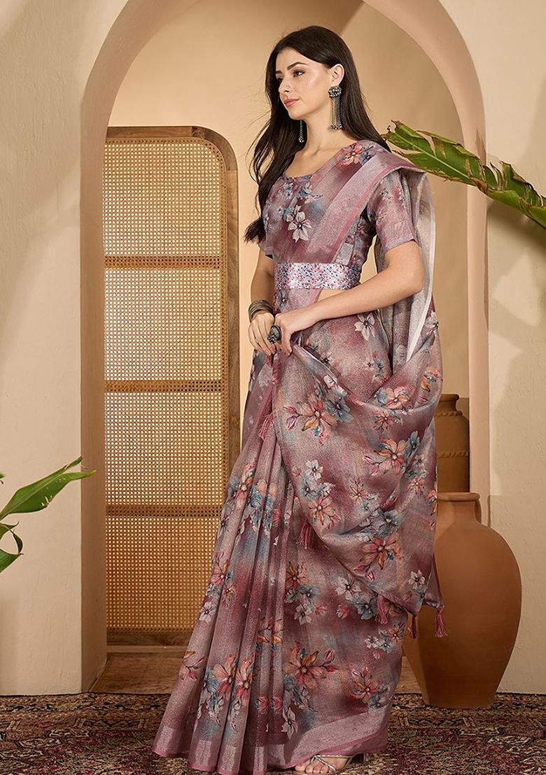 Dull Pink Printed Linen Saree Set - Indya