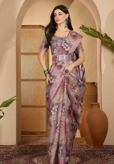 Dull Pink Printed Linen Saree Set
