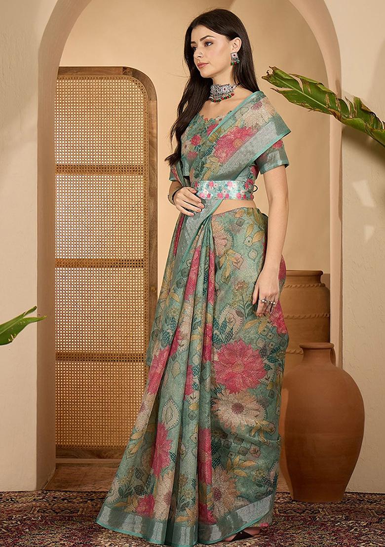Green Printed Linen Saree Set - Indya