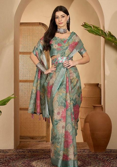 Green Printed Linen Saree Set