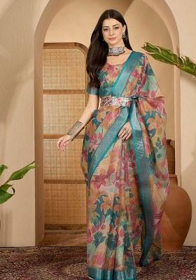 Multi Printed Linen Saree Set