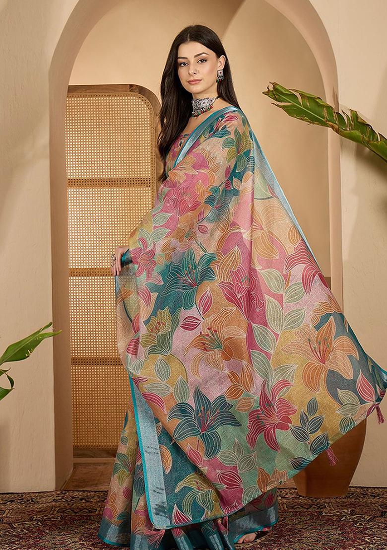 Multi Printed Linen Saree Set - Indya