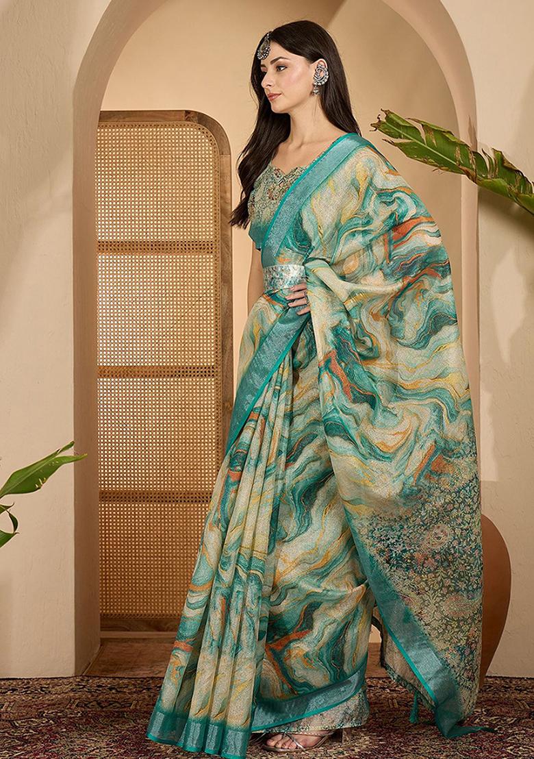 Green Printed Linen Saree Set - Indya