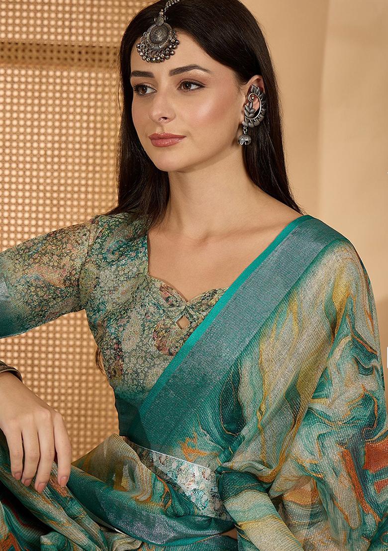 Green Printed Linen Saree Set - Indya