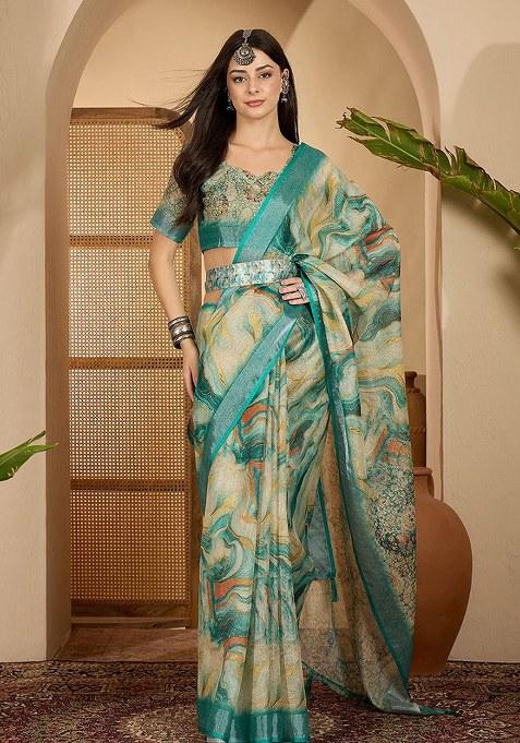 Green Printed Linen Saree Set