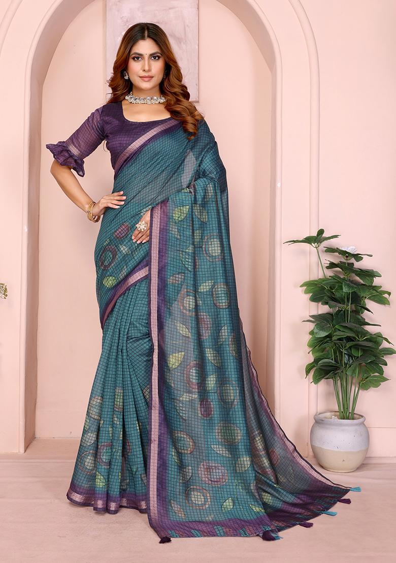 Rama Wine Printed Chanderi Saree Set - Indya