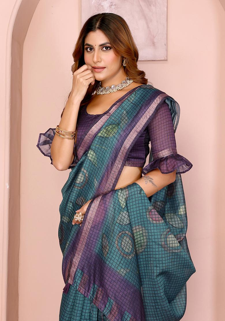 Rama Wine Printed Chanderi Saree Set - Indya