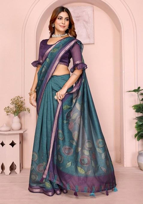 Rama Wine Printed Chanderi Saree Set
