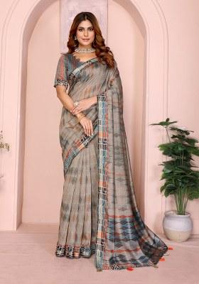 Beige Printed Chanderi Saree Set