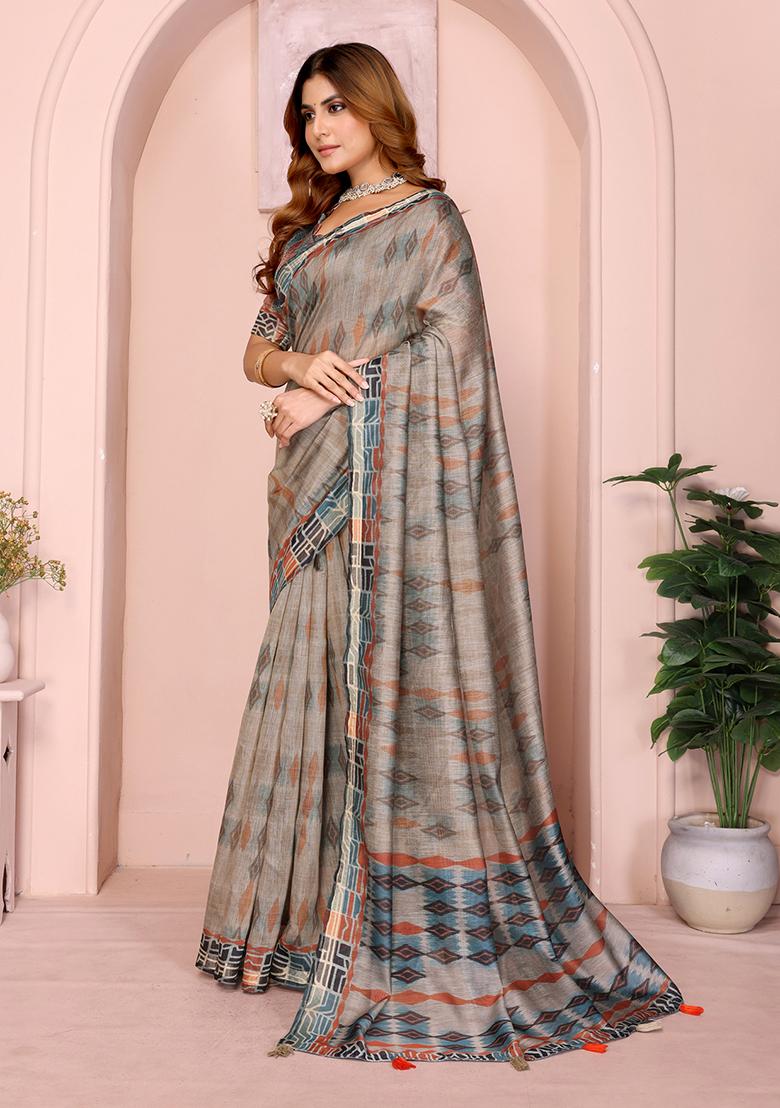 Beige Printed Chanderi Saree Set - Indya