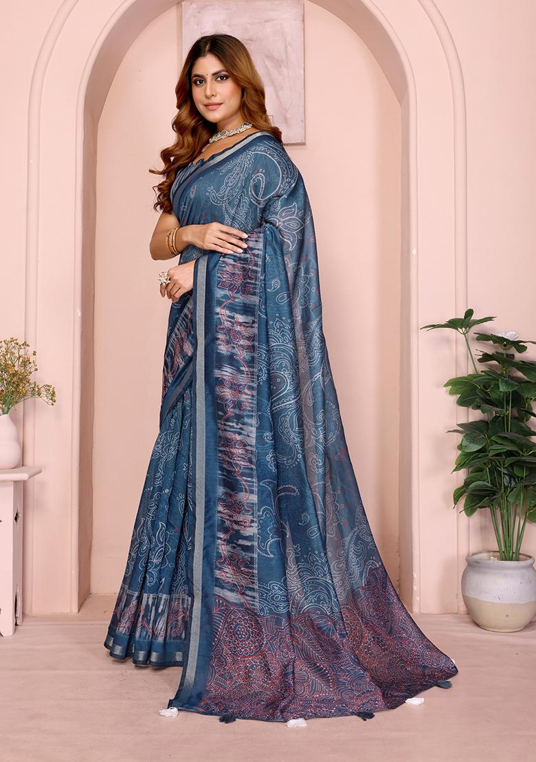 Dark Blue Printed Chanderi Saree Set - Indya