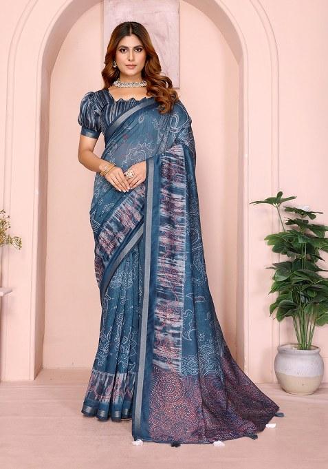 Dark Blue Printed Chanderi Saree Set