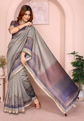Beige Printed Chanderi Saree Set