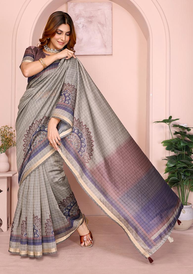 Beige Printed Chanderi Saree Set - Indya