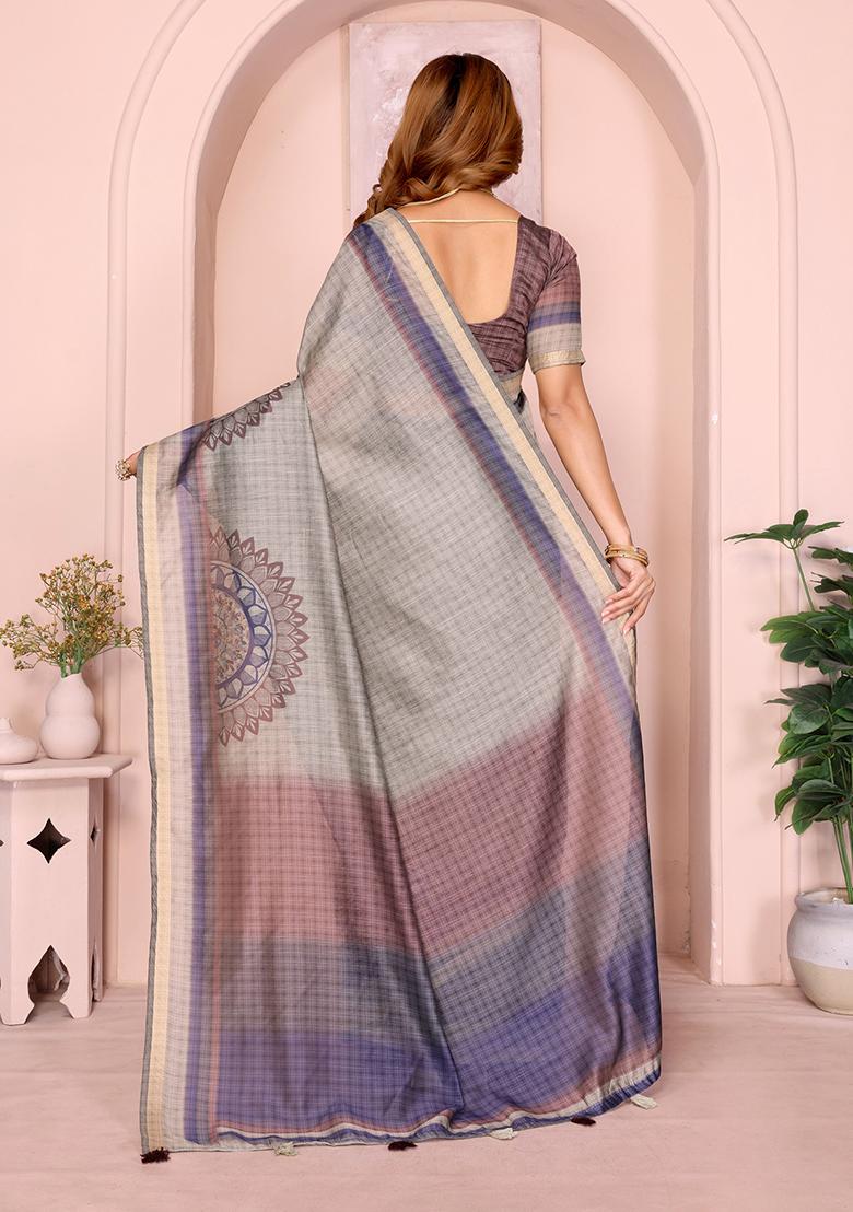 Beige Printed Chanderi Saree Set - Indya