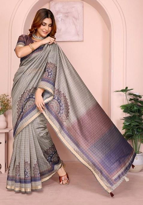 Beige Printed Chanderi Saree Set