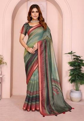 Green Printed Chanderi Saree Set