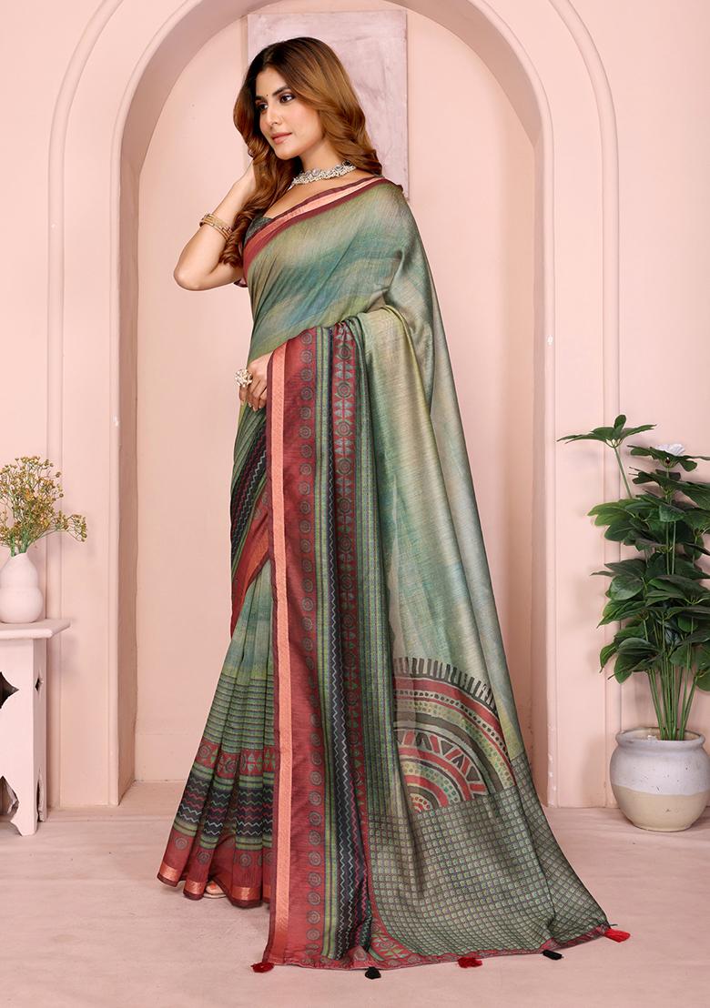 Green Printed Chanderi Saree Set - Indya